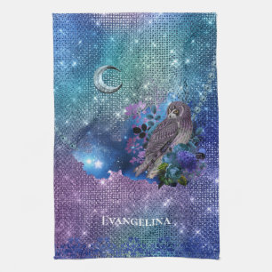 Boho Blue Purple Owl Moon Tea Towel