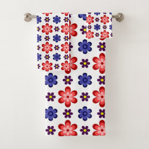 Boho Blue Purple Red Flowers Bath Towel Set
