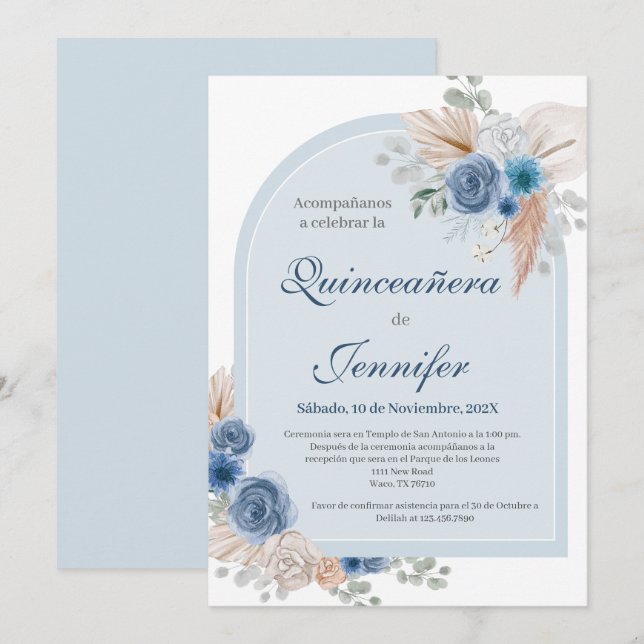 Boho Blue Quinceanera invitation (Front/Back)