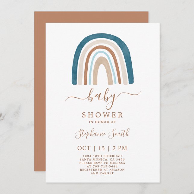 Boho Blue Rainbow Baby Shower Boy Invitation (Front/Back)