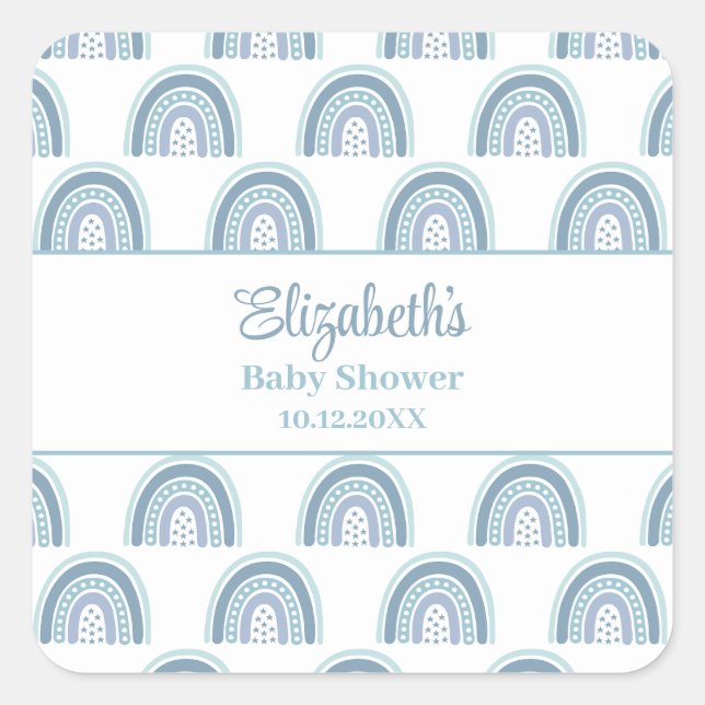 Boho Blue Rainbow Baby Shower Square Sticker (Front)