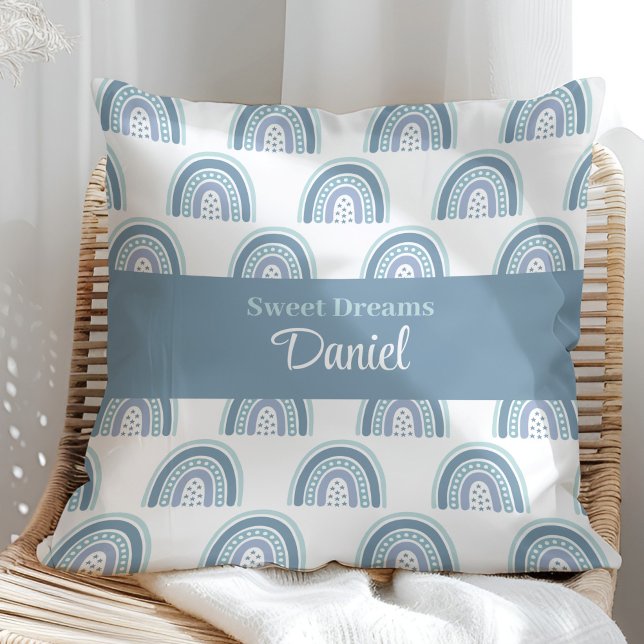 Boho Blue Rainbow Custom Name Pillow (Boho Blue Rainbow Custom Name Pillow on a sunny rattan chair.)
