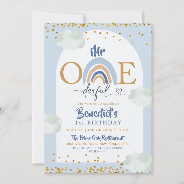 Boho Blue Rainbow Mr Onederful Boy's Birthday Invitation (Front)
