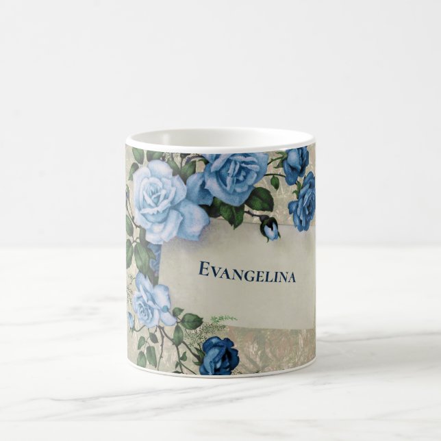 Boho Blue Roses Moth Watercolor Coffee Mug (Center)