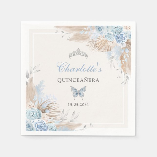 Boho Blue Silver Quinceanera Miss Quince 15 Napkin (Front)