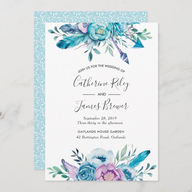 Boho blue spring floral Wedding invitation (Front/Back)