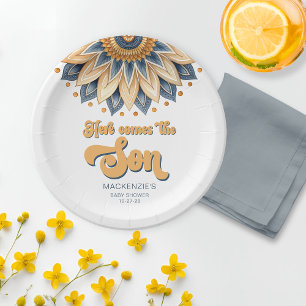 Boho Blue Sunflower Retro Typography Baby Shower Paper Plate