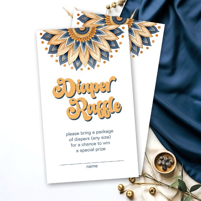 Boho Blue Sunflower Retro Typography Diaper Raffle Enclosure Card (Navy Blue Sunflower Retro Typography Diaper Raffle Enclosure Cards)