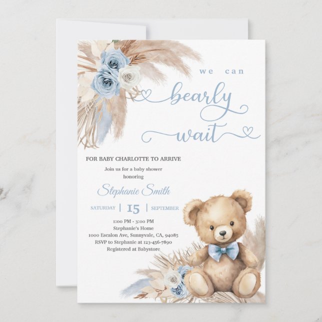 Boho Blue Teddy Bear Baby Shower Invitation (Front)