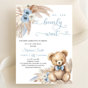 Boho Blue Teddy Bear Baby Shower Invitation