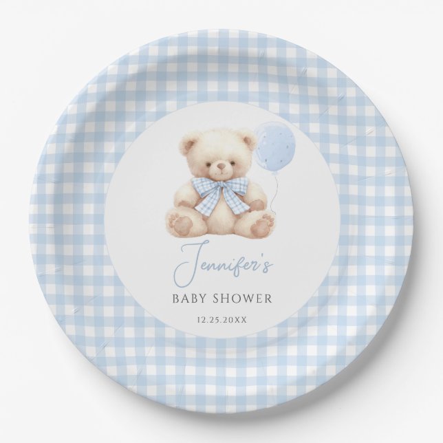 Boho Blue Teddy Bear Balloon Baby Boy Shower Paper Plate (Front)