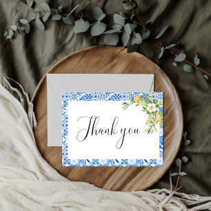 Boho blue tile lemon  Bridal Shower Thank You Card