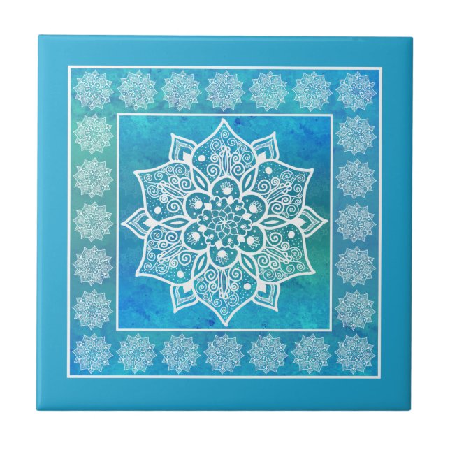 Boho blue turquoise watercolor mandala floral tile (Front)