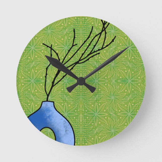 Boho Blue Vase on Green Floral Background Clock (Front)