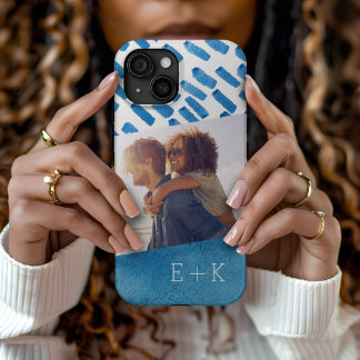 Boho Blue Watercolor Abstract | Monogrammed Photo iPhone 15 Case