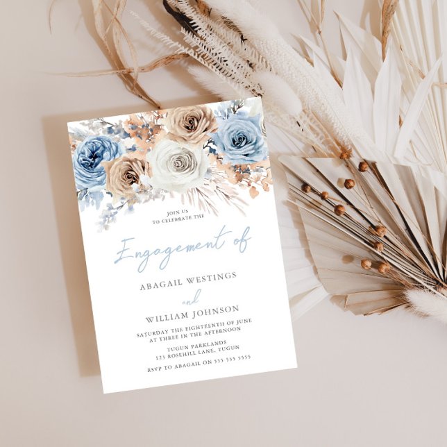 Boho Blue: Watercolor Boho Floral Engagement Party Invitation (Creator Uploaded)