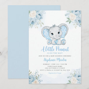 Boho Blue Watercolor Boy Elephant Baby Shower Invitation