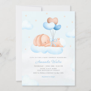 Boho Blue Watercolor Cute Balloon Boy Baby Shower Invitation