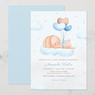 Boho Blue Watercolor Cute Balloon Boy Baby Shower Invitation