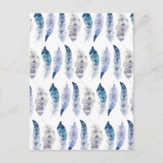 Boho Blue Watercolor Feathers All Over Print Postcard