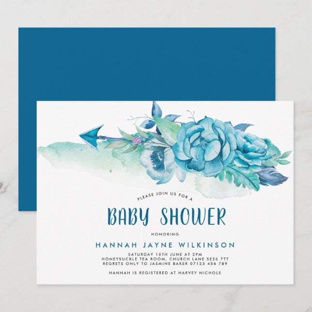 Boho Blue Watercolor Floral Baby Shower Invite (Front/Back)