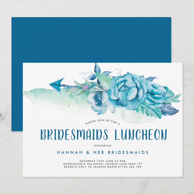 Boho Blue Watercolor Floral Bridesmaids Luncheon Invitation (Front/Back)