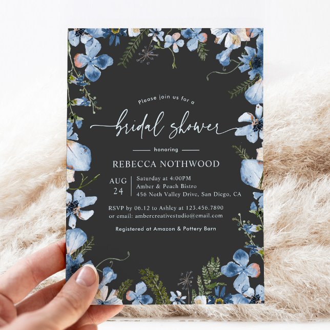 Boho Blue Watercolor Floral Charcoal Bridal Shower Invitation (Creator Uploaded)