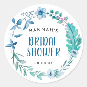 Boho Blue Watercolor Floral Wreath Favour Seal