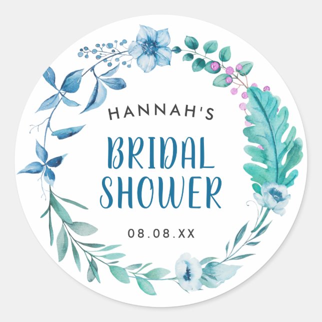 Boho Blue Watercolor Floral Wreath Favour Seal (Front)