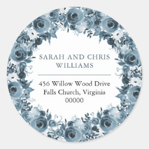 Boho Blue Watercolor Floral Wreath Return Address Classic Round Sticker