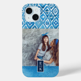 Boho Blue Watercolor Print | Monogrammed Photo iPhone 15 Case