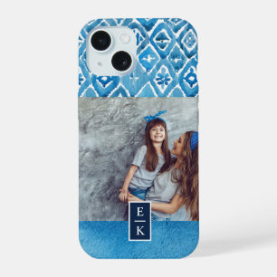 Boho Blue Watercolor Print Monogrammed Photo iPhone 15 Case