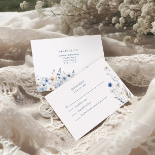 Boho Blue Watercolor Wildflowers Wedding RSVP Card