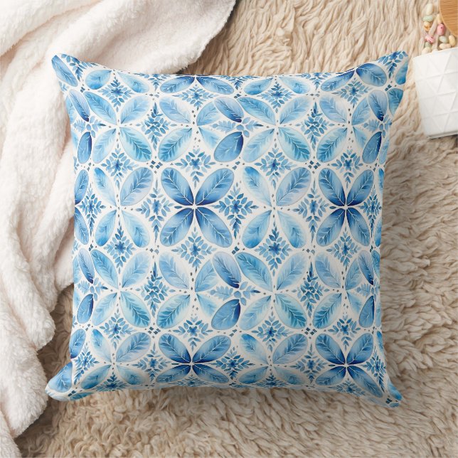 Boho Blue White Floral Abstract Cushion (Blanket)