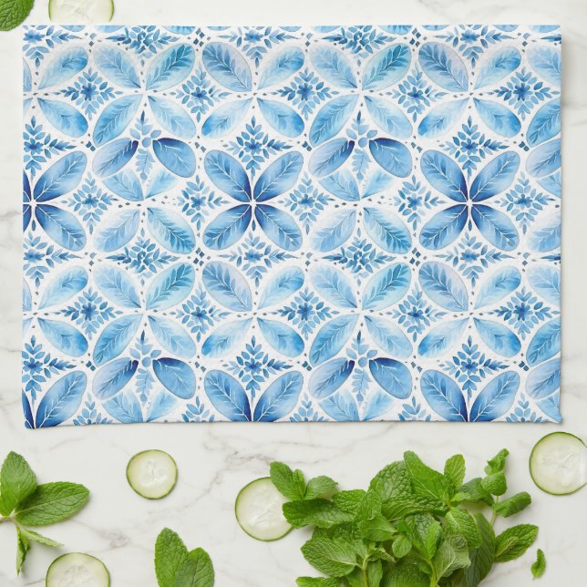 Boho Blue White Floral Abstract Tea Towel (Folded)