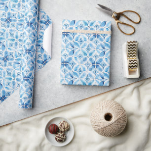 Boho Blue White Floral Abstract Wrapping Paper