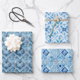 Boho Blue White Floral Hearts Abstract Wrapping Paper Sheet