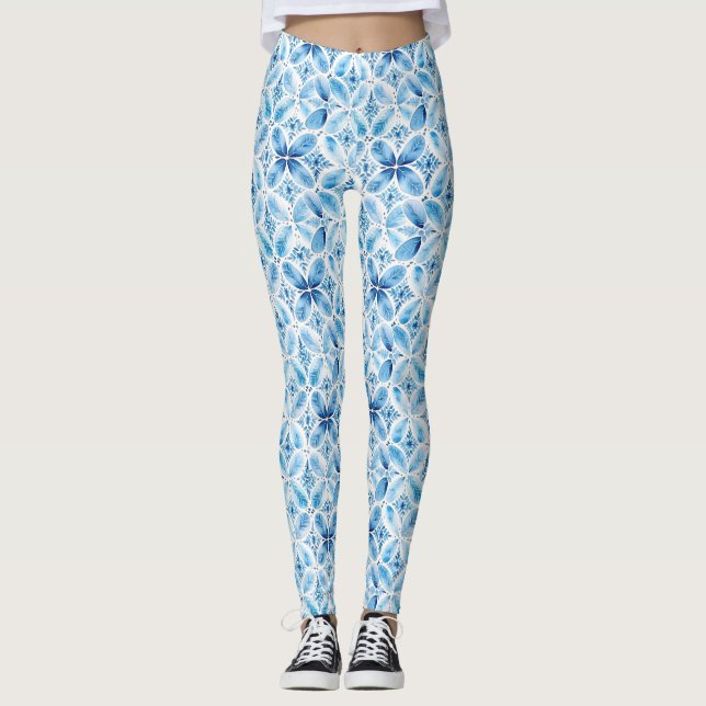 Boho Blue White Floral Leggings (Front)