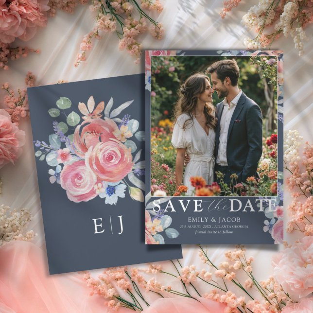 Boho Blue & White Rose Floral Save the Date  (Creator Uploaded)