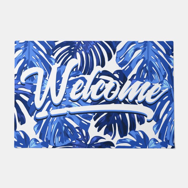 Boho Blue White Tropical Leaves Script Welcome Doormat (Front)
