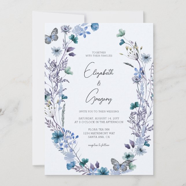 Boho Blue Wildflower Wedding Invitation (Front)