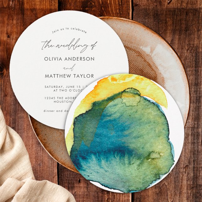 Boho Blue Yellow Abstract Watercolor Wedding Invitation (Front/Back)