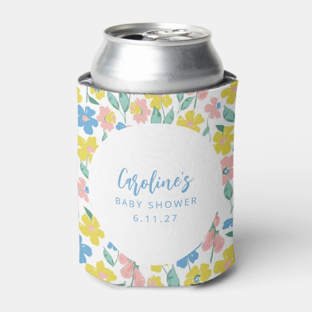 Boho Blue Yellow Ditsy Floral Custom Baby Shower Can Cooler (Can Front)