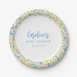 Boho Blue Yellow Ditsy Floral Custom Baby Shower Paper Plate