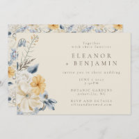 Boho Blue Yellow Floral Watercolor Pattern Wedding