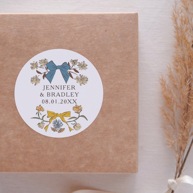 Boho Blue Yellow Ribbons Floral Wedding Favour  Classic Round Sticker (Creator Uploaded)
