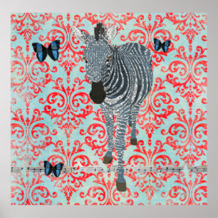 Boho Blue Zebra & Butterflies Damask Poster