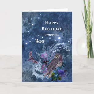 Boho Blue Zodiac Pisces Constellation Birthday Card