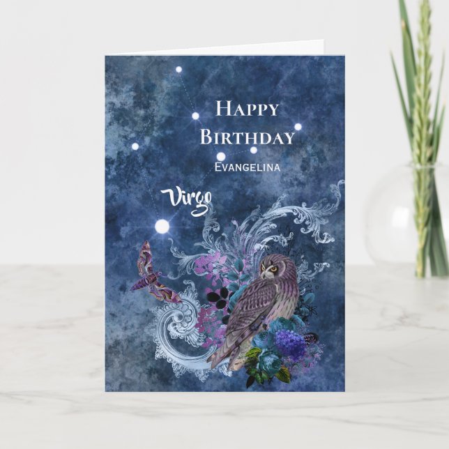 Boho Blue Zodiac Virgo Constellation Birthday Card (Front)