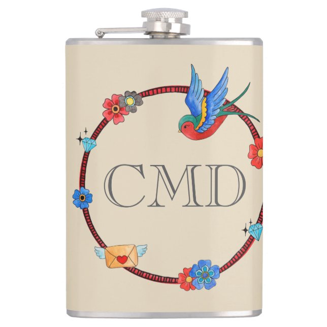 Boho Bluebird Customisable Flask (Front)